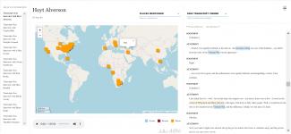 screencap of DDHI Data Visualization Viewer with map of places and transcript form Hoyt Alverson DVP interview